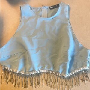 SHEIN Sky Blue Beaded Hem Crop Top